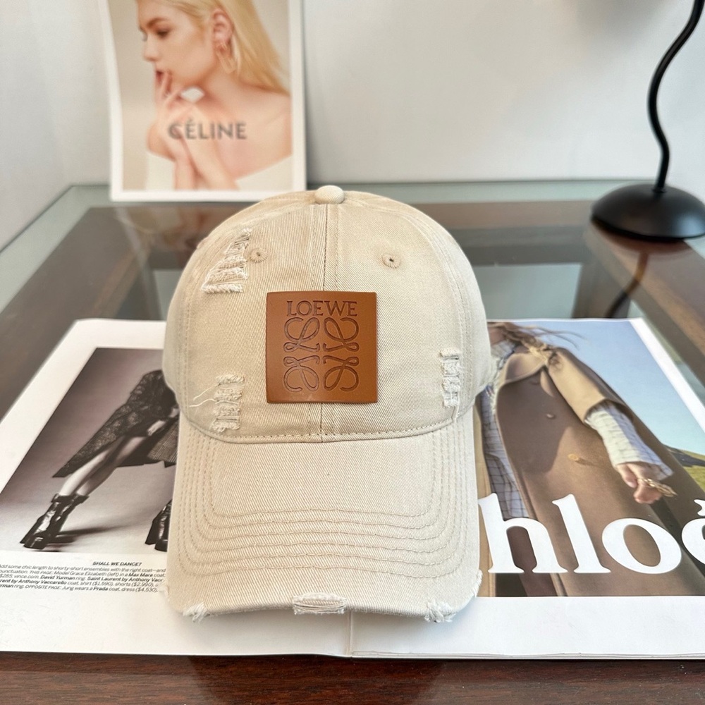 LOEWE Beige Distressed Logo Baseball Cap - Leather Patch